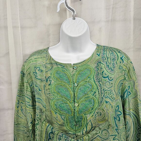 Coldwater Creek Green Blue Paisley Silk Blouse Peasant Retro Embroidered PL - Picture 2 of 13